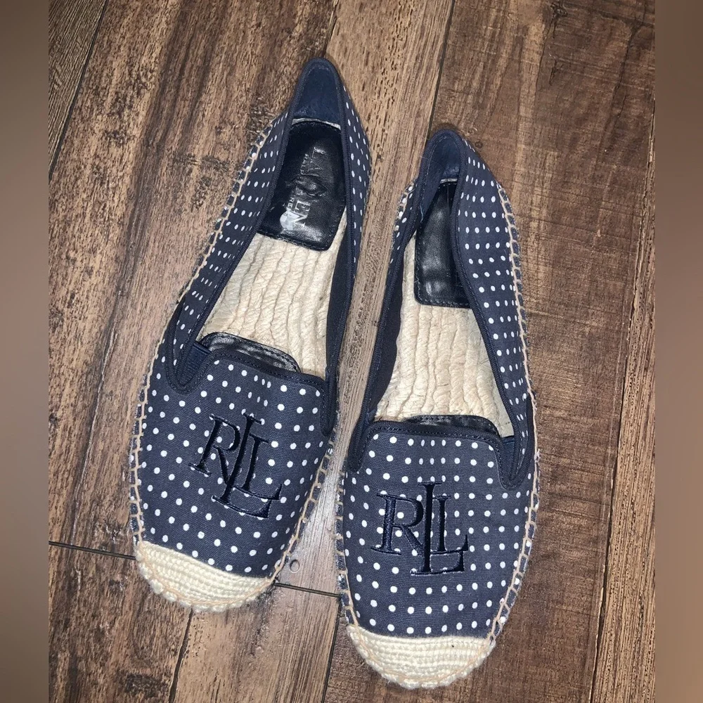 Ralph Lauren Navy Polka Dot Espadrilles Cristi 6.5 preppy classic boho fall